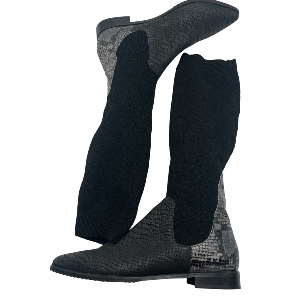 Daniella Lemavi EU Sz 40 or 9 Tall Black Boots Knit Upper Snakeskin Print Lower
